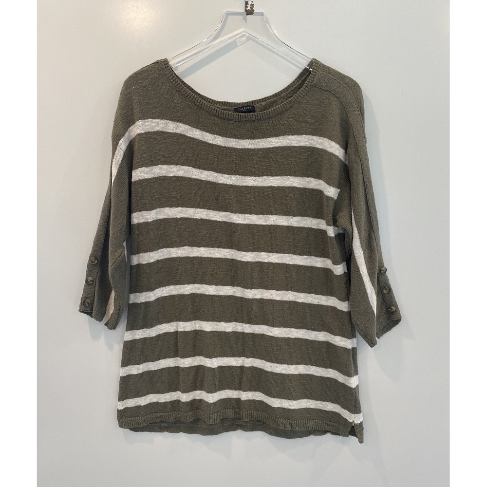 Talbots Plus Women Olive Green White Striped 3/4 Sleeve Knit Sweater Size X